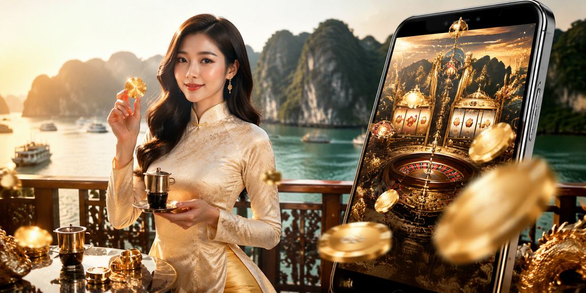 Người dùng chơi casino di động tại Hạ Long với trang phục áo dài truyền thống